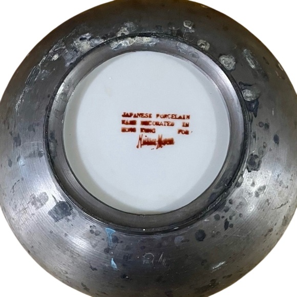 Neiman Marcus Japanese Porcelain Ware HandPainted Yellow Dish Encased in Pewter - Picture 6 of 8